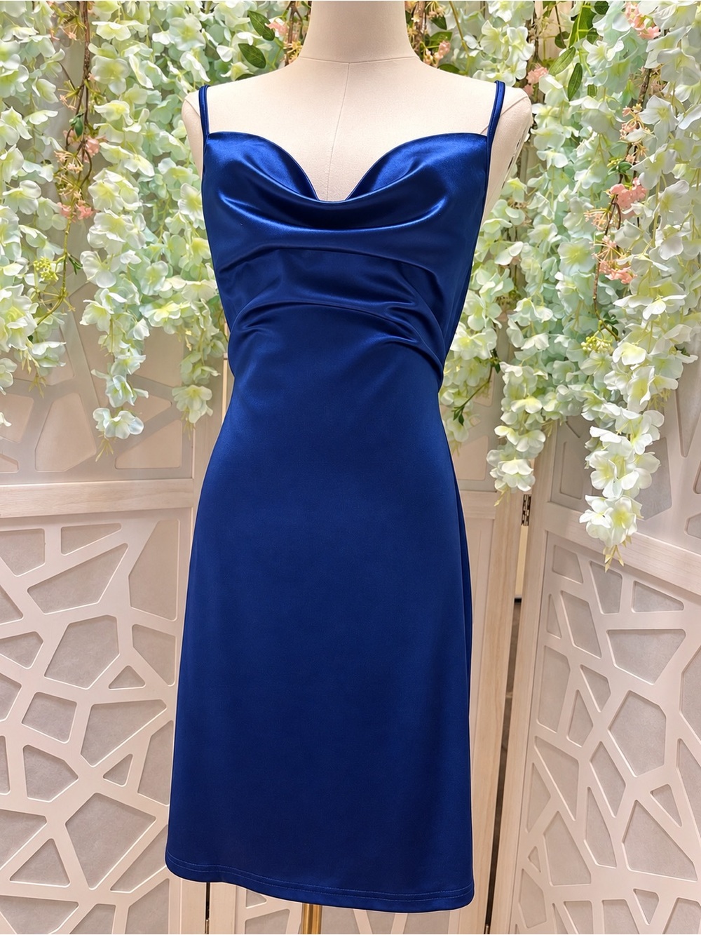Elegant Royal Blue Satin Cowl Neck Slip Dress